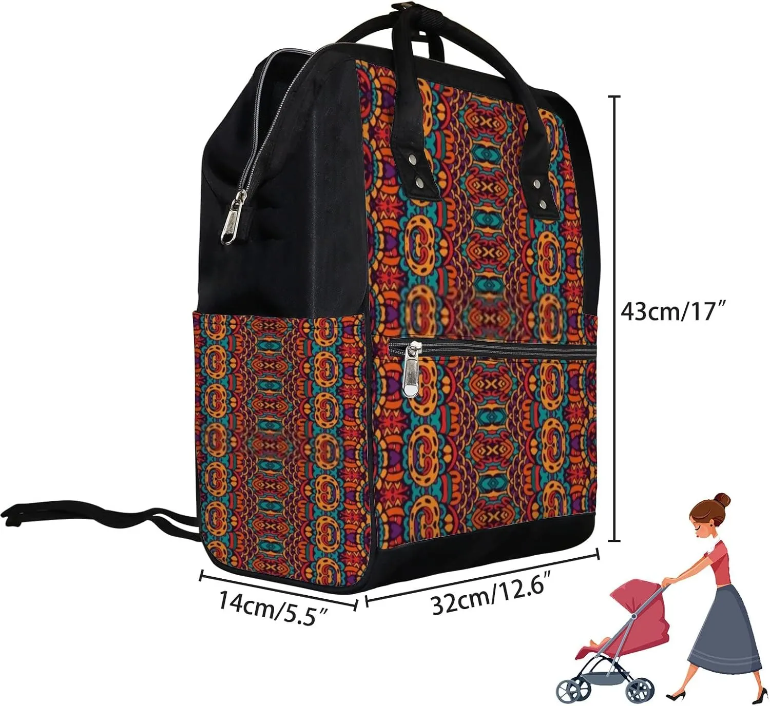 Red Vintage Abstract Bohemian Geometric Print Diaper Bag Backpack, waterproof backpack Baby Nappy Changing Bags Laptop Backpack for Travel, Large Capacity, Durable and Stylish for Woman and Men.