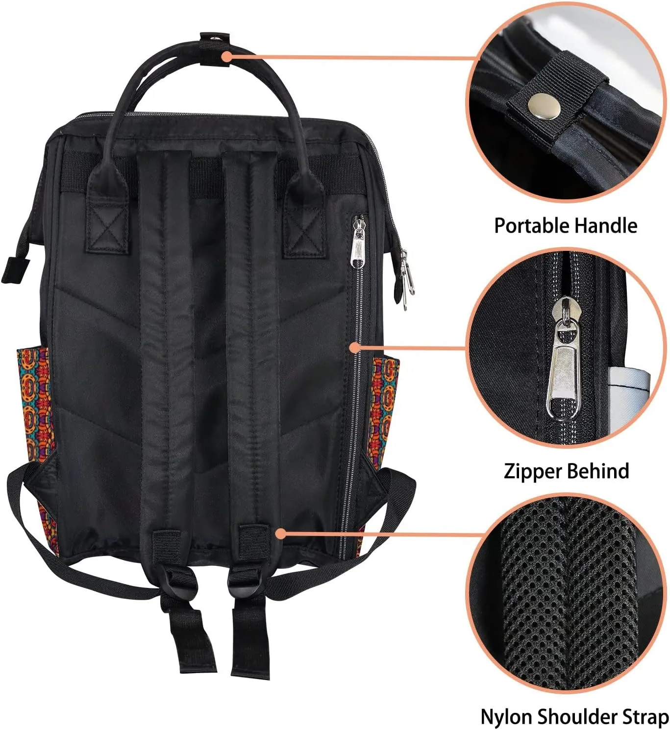 Red Vintage Abstract Bohemian Geometric Print Diaper Bag Backpack, waterproof backpack Baby Nappy Changing Bags Laptop Backpack for Travel, Large Capacity, Durable and Stylish for Woman and Men.