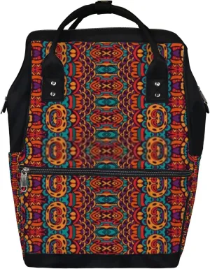 Red Vintage Abstract Bohemian Geometric Print Diaper Bag Backpack, waterproof backpack Baby Nappy Changing Bags Laptop Backpack for Travel, Large Capacity, Durable and Stylish for Woman and Men.