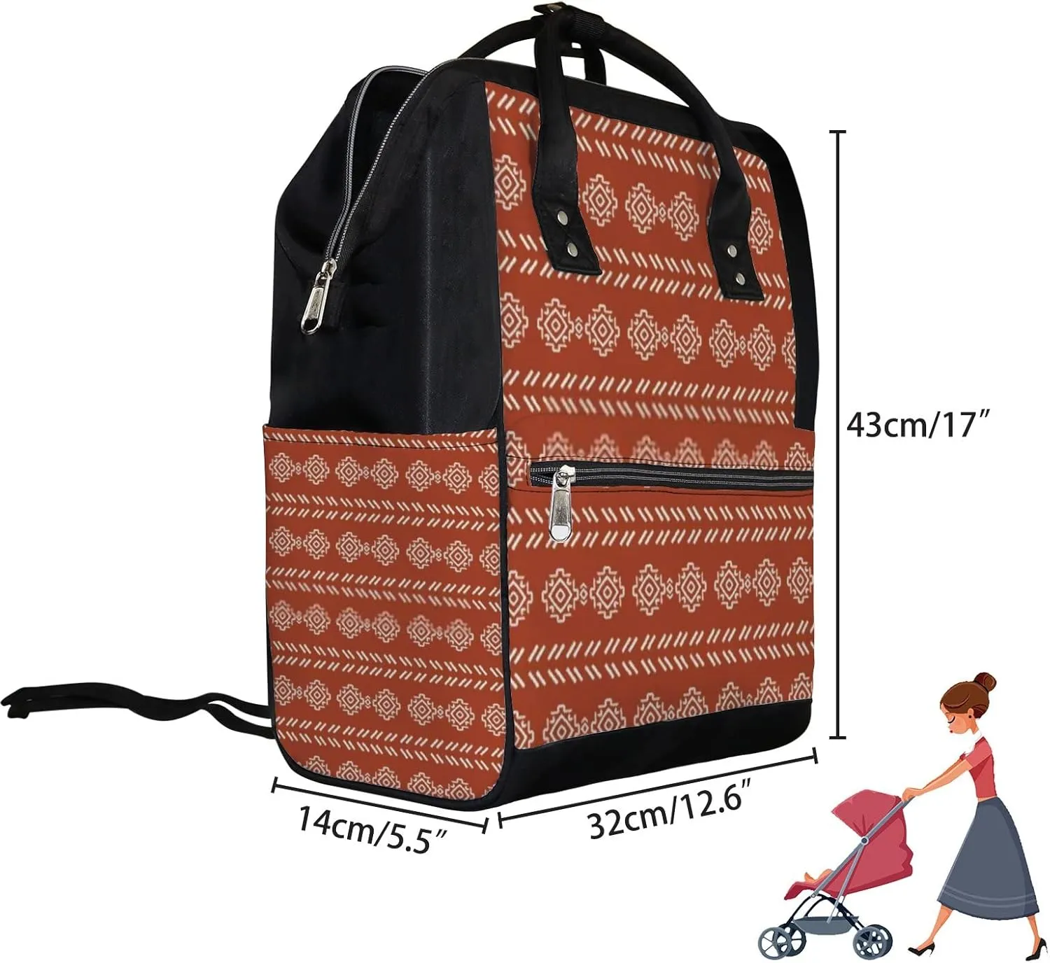 Red Vintage Cute Boho Reddish Brown Geometric Diaper Bag Backpack, waterproof backpack Baby Nappy Changing Bags Laptop Backpack for Travel, Large Capacity, Durable and Stylish for Woman and Men.