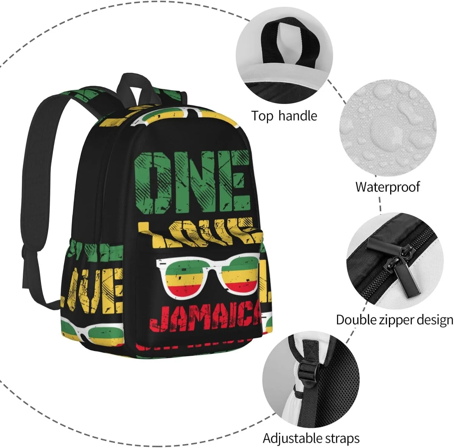 Reggae Retro Rastafari Rasta One Loves Jamaica Backpack Casual Laptop Backpack Large Capacity Double Shoulder Bag Travel Daypack For Women Men