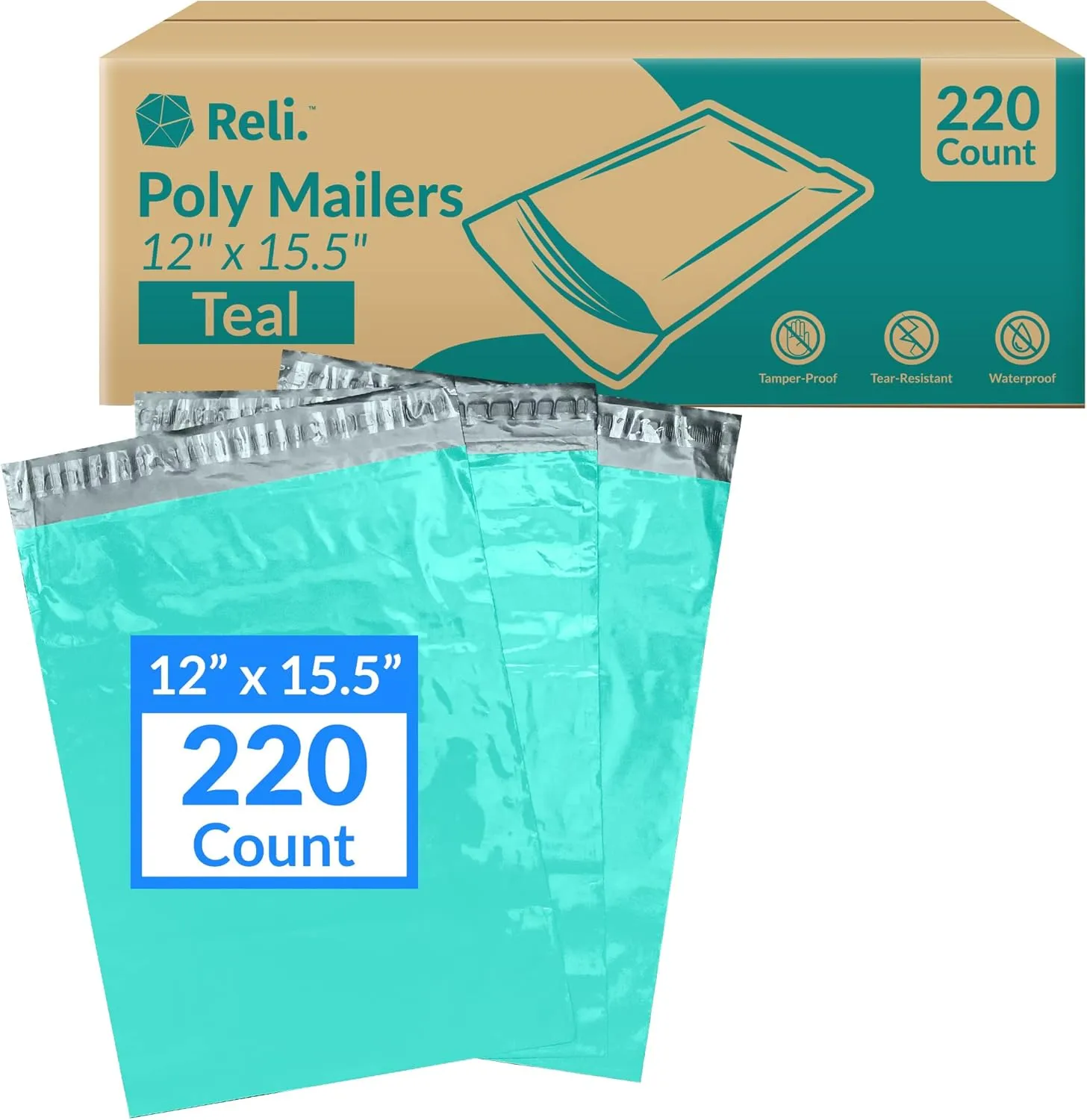 Reli. (220 Pcs) 12x15.5" Poly Mailers, Teal | Shipping Bags for Clothing | Teal Poly Bags for Shipping, Small Business | Mailing/Packaging 12x15.5 Inch | Non-Padded Shipment Envelopes, Self Seal