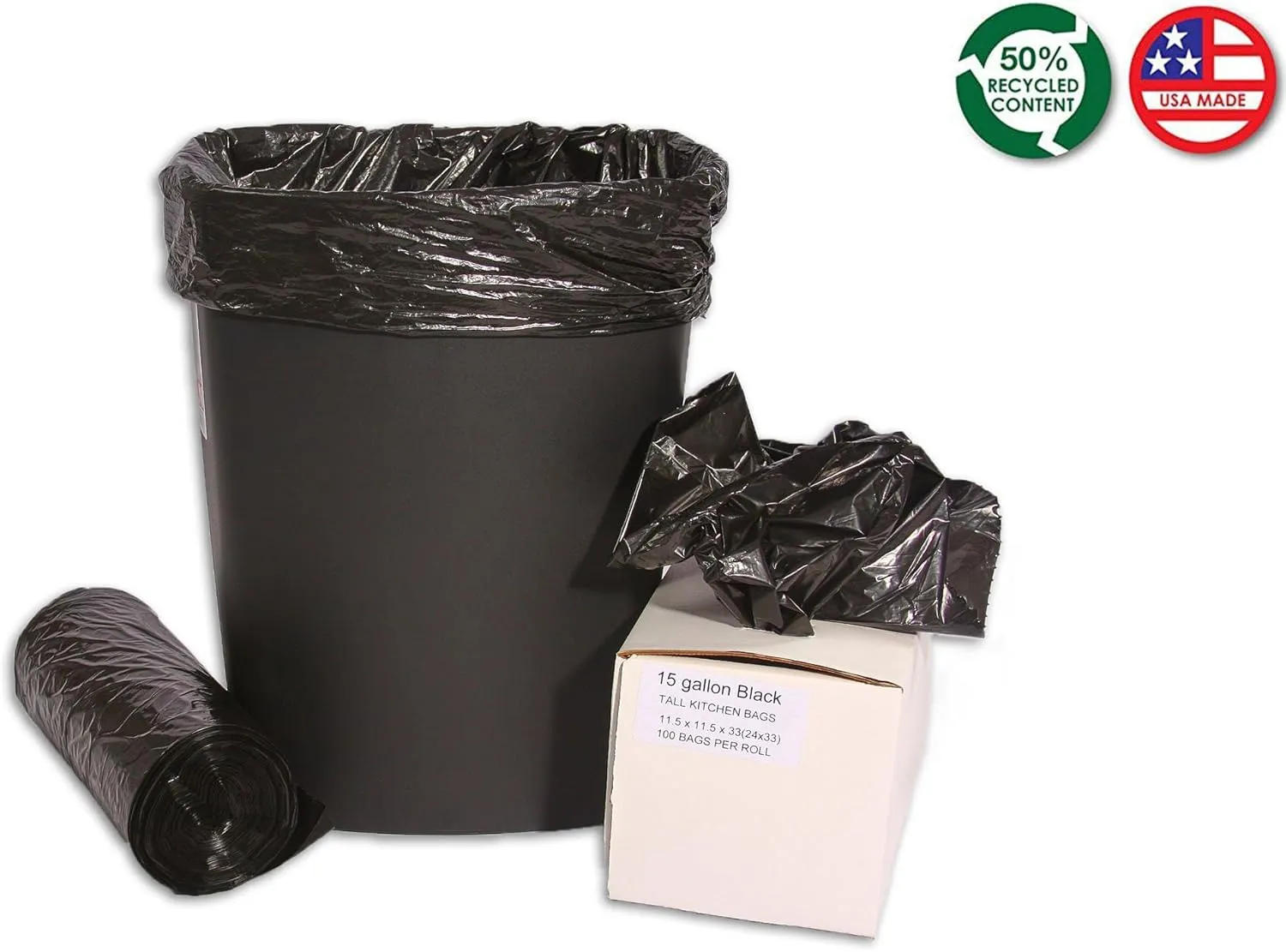 Resilia Tall 15 Gallon Trash Bags - Black 100 Bags/Roll, 1 Mil Thick, 24x33 inches (WxH), Wire Ties Included, MADE IN USA