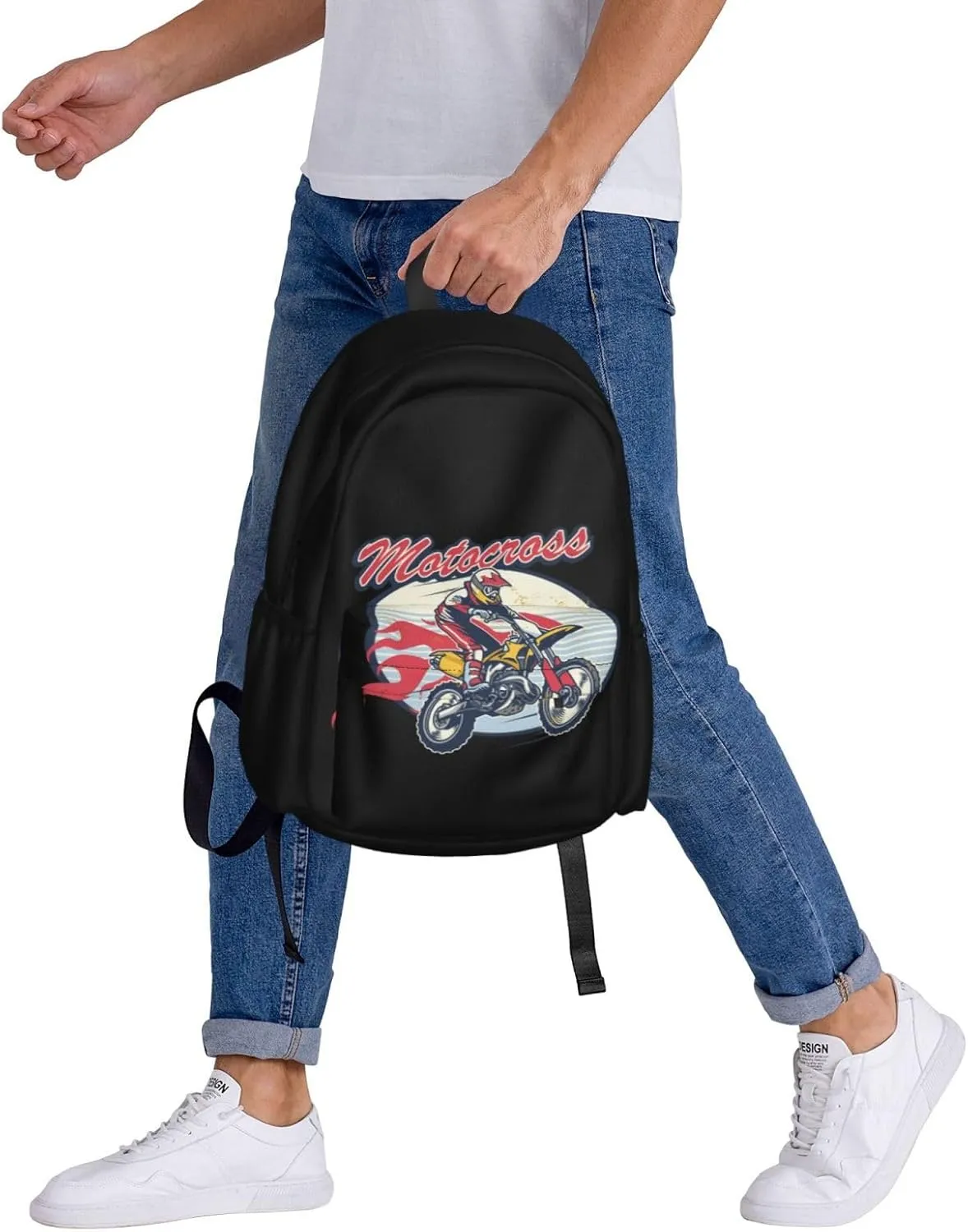 Retro Style Motocross Dirt Bike Flying Jump Rider Backpack Casual Laptop Backpack Large Capacity Double Shoulder Bag Travel Daypack For Women Men