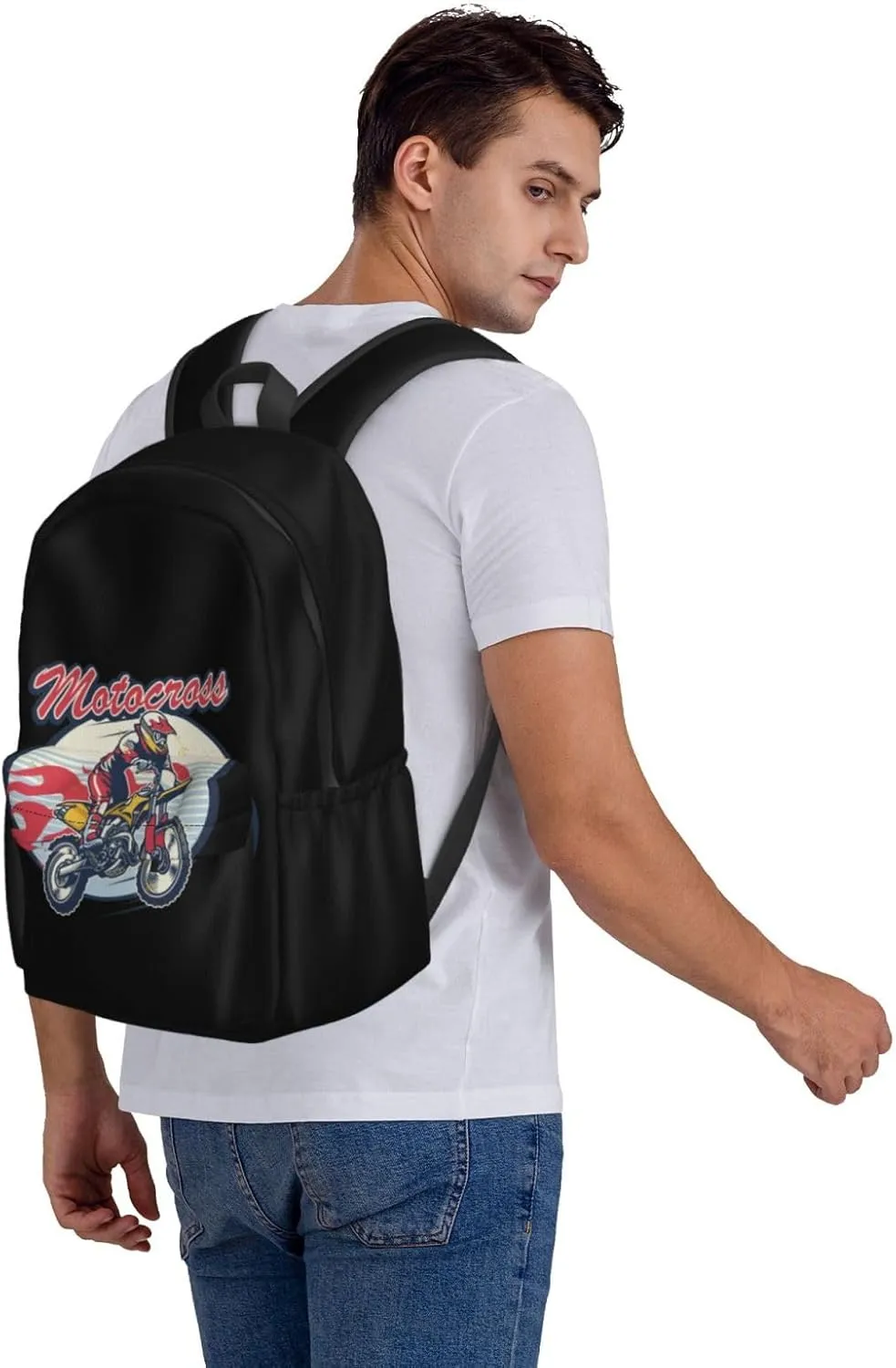 Retro Style Motocross Dirt Bike Flying Jump Rider Backpack Casual Laptop Backpack Large Capacity Double Shoulder Bag Travel Daypack For Women Men