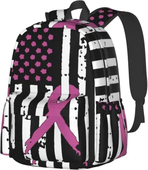 Ribbons Breast Cancer Awareness Flag Large Capacity Backpack Casual Double Shoulder Bag Laptop Backpack Travel Daypack For Women Men