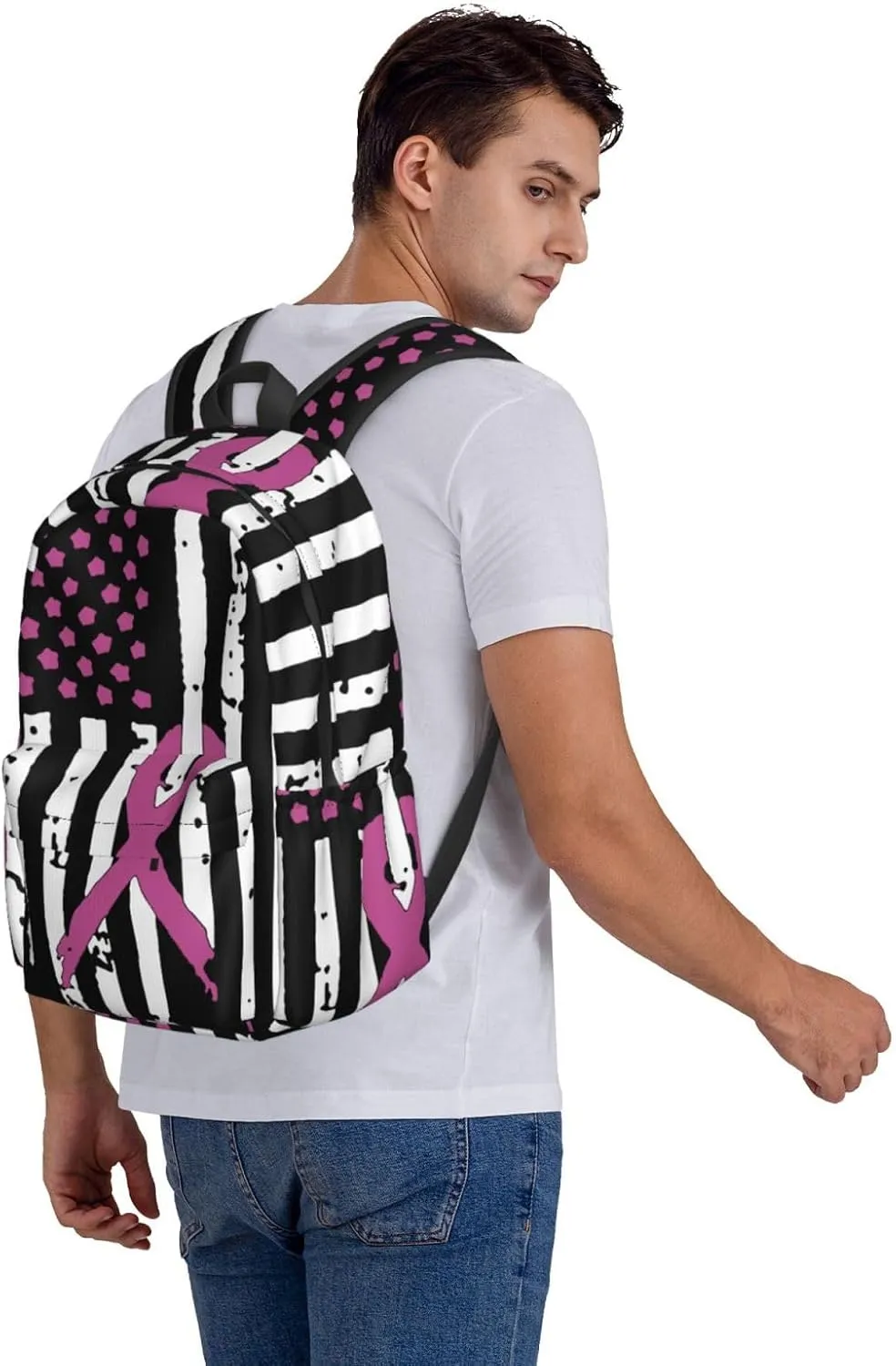 Ribbons Breast Cancer Awareness Flag Large Capacity Backpack Casual Double Shoulder Bag Laptop Backpack Travel Daypack For Women Men