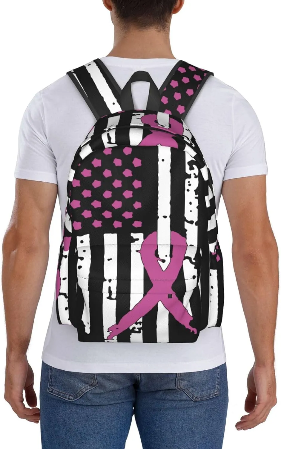 Ribbons Breast Cancer Awareness Flag Large Capacity Backpack Casual Double Shoulder Bag Laptop Backpack Travel Daypack For Women Men