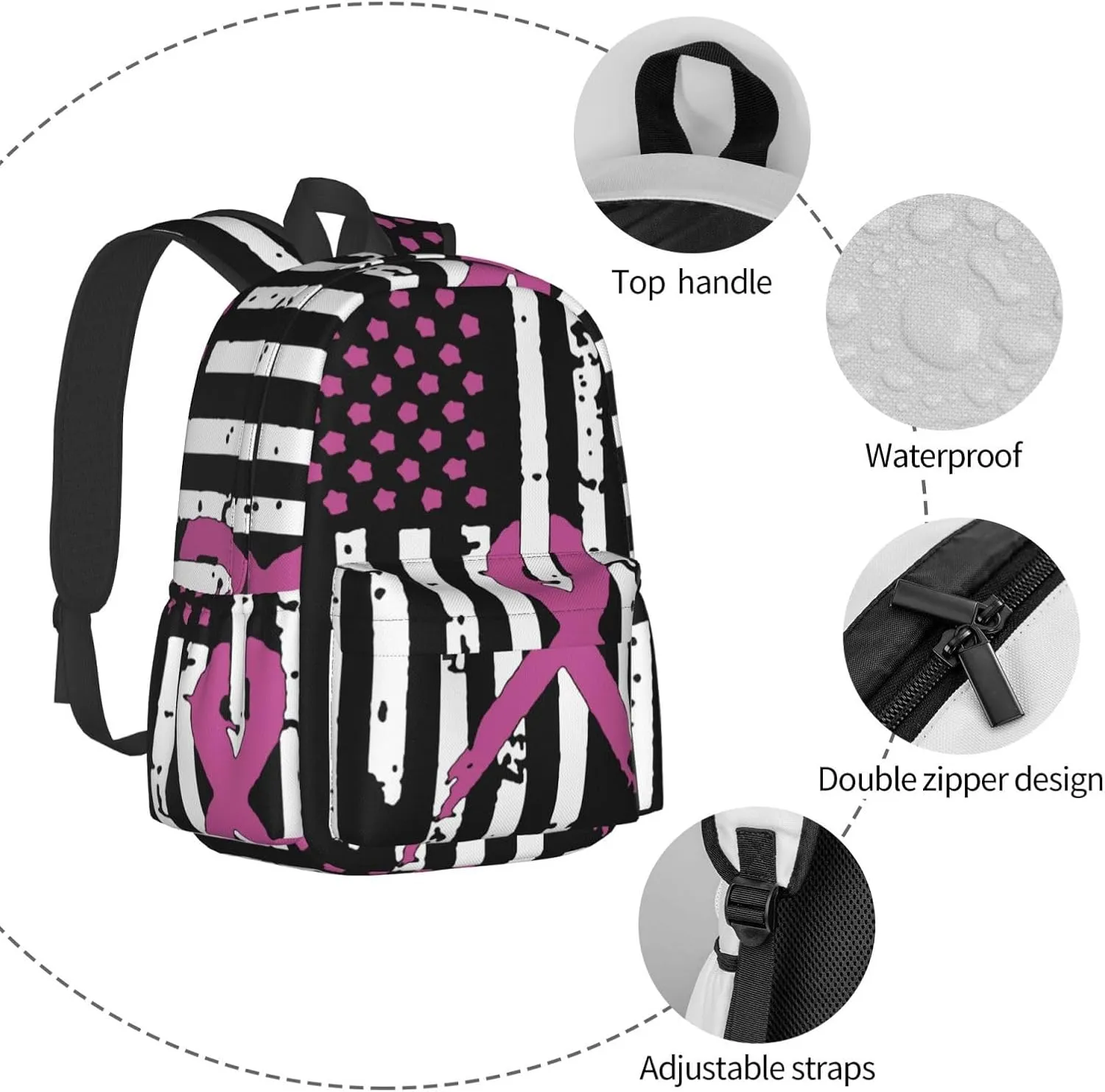 Ribbons Breast Cancer Awareness Flag Large Capacity Backpack Casual Double Shoulder Bag Laptop Backpack Travel Daypack For Women Men