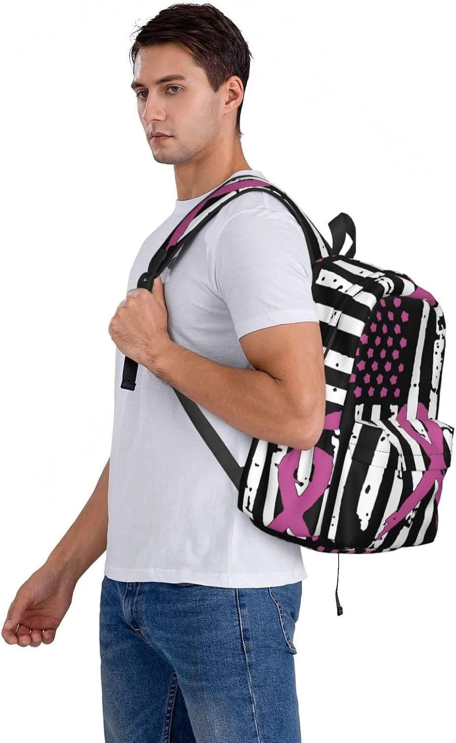 Ribbons Breast Cancer Awareness Flag Large Capacity Backpack Casual Double Shoulder Bag Laptop Backpack Travel Daypack For Women Men