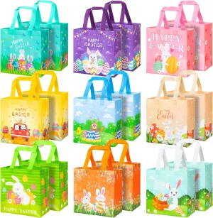 RICEUO 18-Pack Easter Egg Hunt Bags, Easter Tote Bags with Handles for Kids, Reusable Non-Woven Exchange Gifts Wrapping Bag for Holiday Baskets, Egg Hunt Game Party Supplies