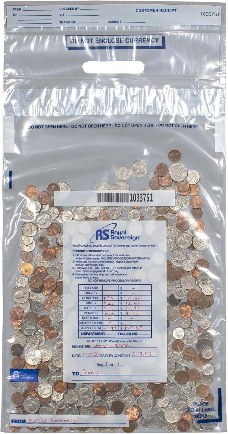 Royal Sovereign 12.5 x 24 Clear Coin Deposit Bags 50 Pack (RMTE-1222)
