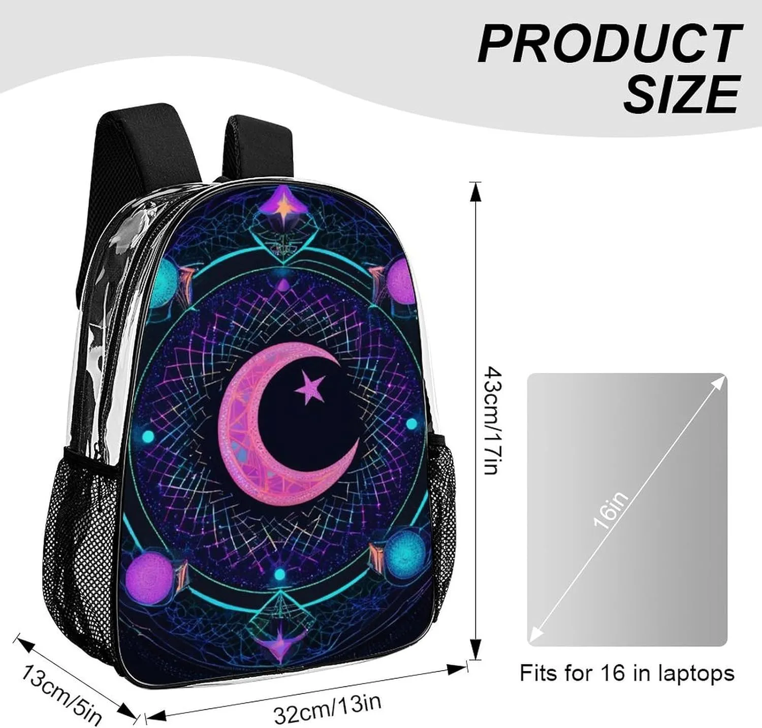 Rucksack Anti-Theft Multipurpose Large Capacity Carry On Bag - Sacred Geometric Symbol Purple Space Galaxy Stars Mystic Sun Moon Travel Hiking Day Pack Transparent Bag