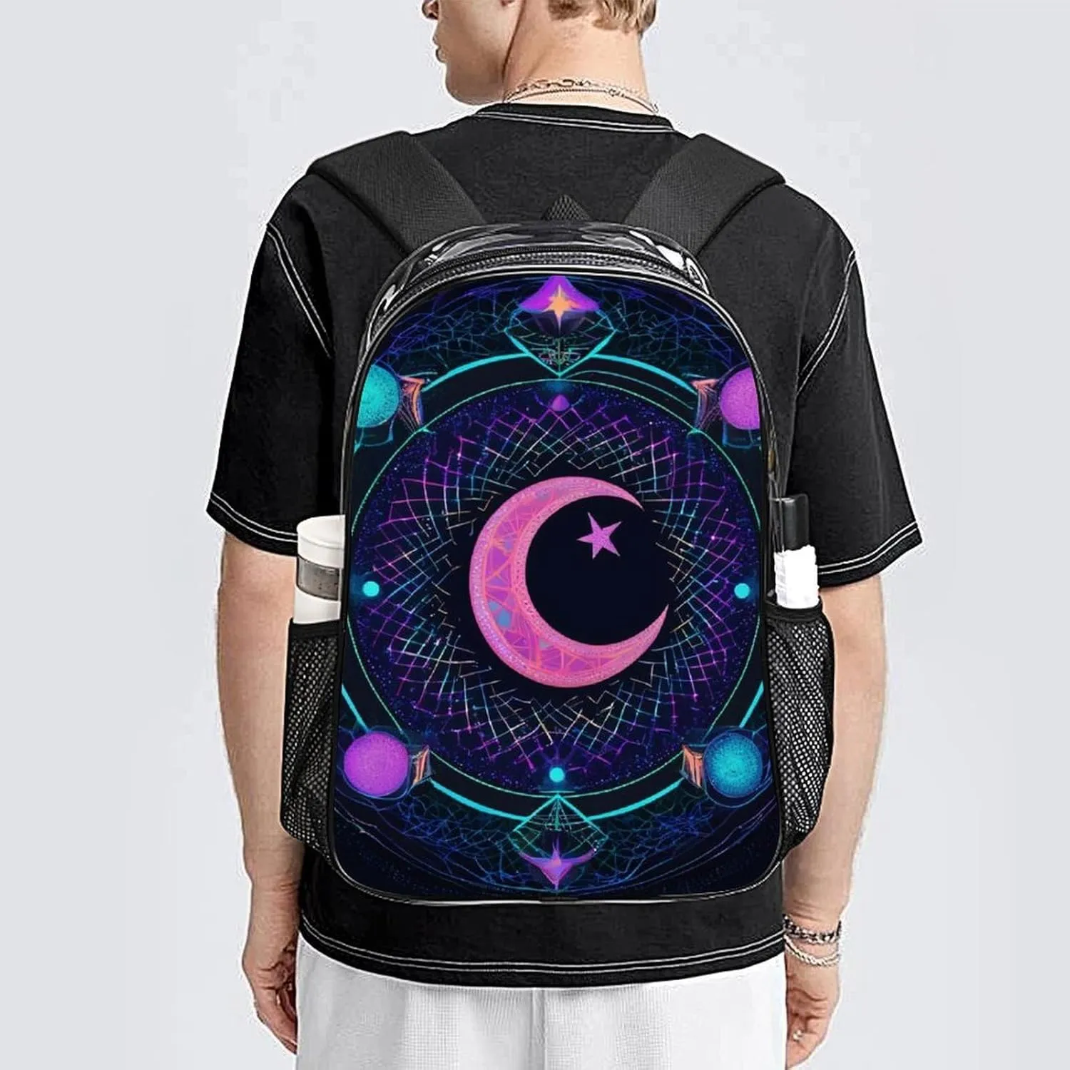 Rucksack Anti-Theft Multipurpose Large Capacity Carry On Bag - Sacred Geometric Symbol Purple Space Galaxy Stars Mystic Sun Moon Travel Hiking Day Pack Transparent Bag