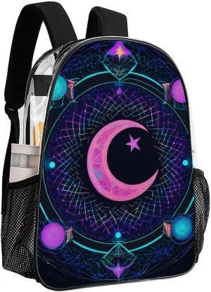 Rucksack Anti-Theft Multipurpose Large Capacity Carry On Bag - Sacred Geometric Symbol Purple Space Galaxy Stars Mystic Sun Moon Travel Hiking Day Pack Transparent Bag