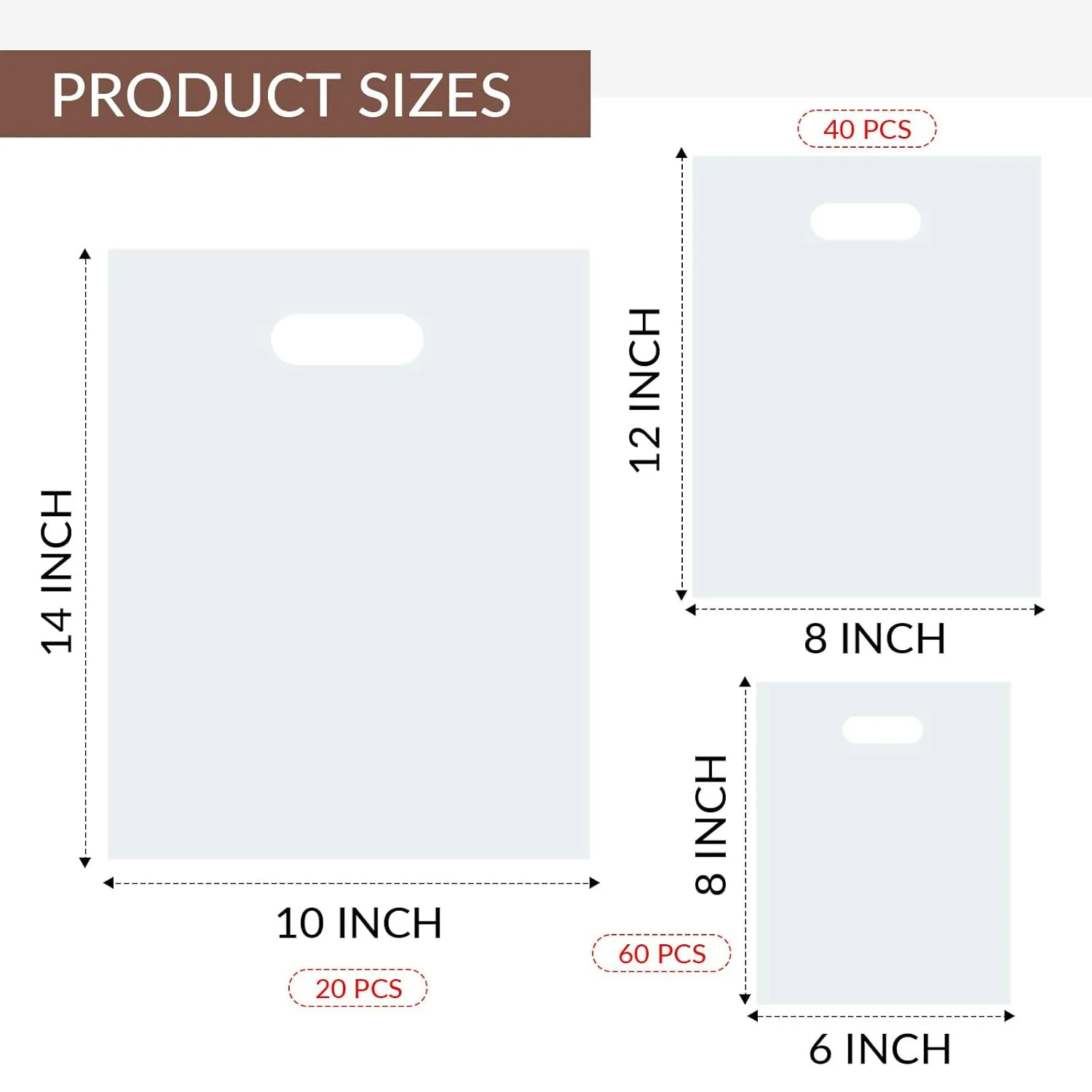 Saintrygo 120 Pcs White Shopping Bags Plastic Merchandise Gift Bags with Handles for Goodie Tradeshow Retails, 6"x8", 8"x12", 10"x14", Reusable and Transparent