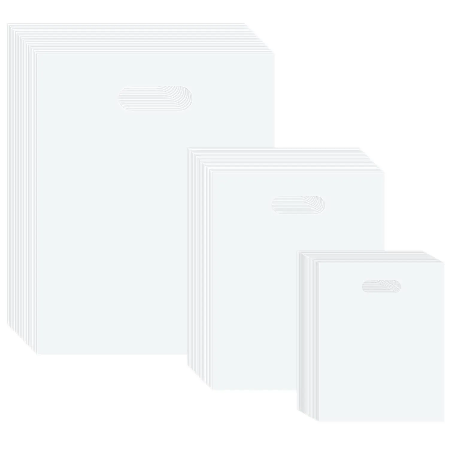 Saintrygo 120 Pcs White Shopping Bags Plastic Merchandise Gift Bags with Handles for Goodie Tradeshow Retails, 6"x8", 8"x12", 10"x14", Reusable and Transparent