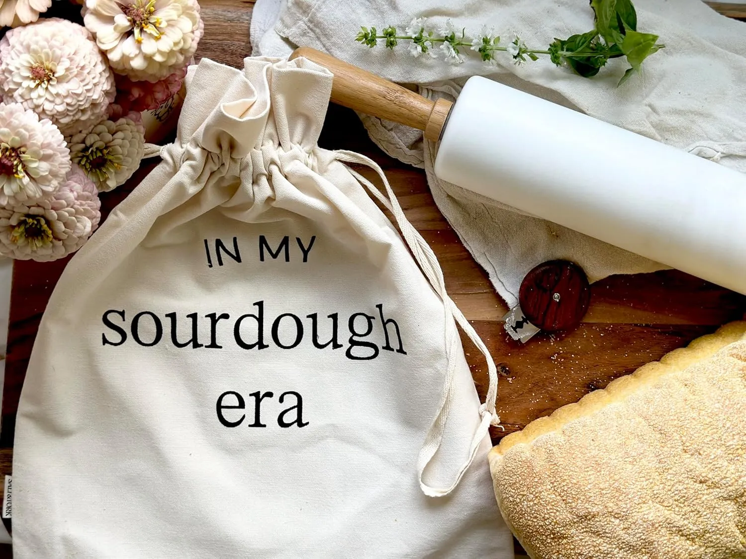 Salt & York Reusable Bread Bags (2 Pack) - Unbleached Cotton, BPA-Free Plastic Lining, Drawstring Closure, Beige - Sourdough Bread Gift