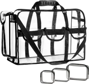 Sanwuta Extra Large Clear Makeup Bag Clear Duffle with 3 Small Cosmetic Bag Transparent Toiletry Organizing Waterproof PVC Travel Makeup Artist Pouch with Pockets Shoulder Strap