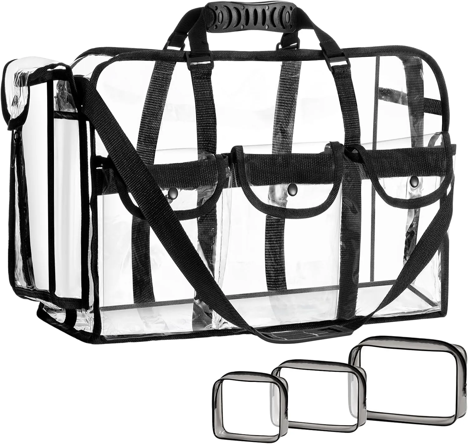 Sanwuta Extra Large Clear Makeup Bag Clear Duffle with 3 Small Cosmetic Bag Transparent Toiletry Organizing Waterproof PVC Travel Makeup Artist Pouch with Pockets Shoulder Strap