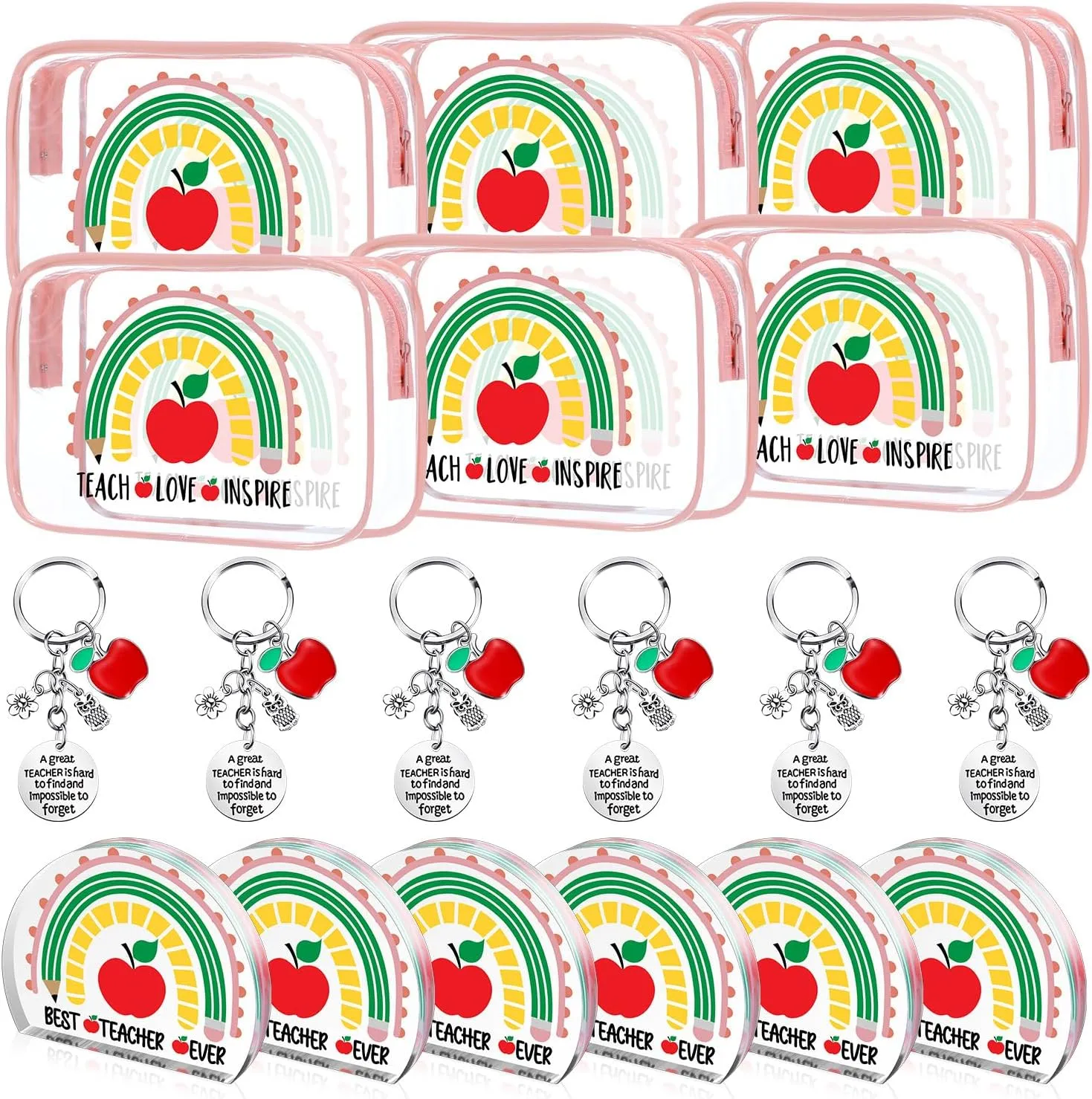 Sasylvia Teacher Appreciation Gift Set Teacher Cosmetic Bag Waterproof Clear Makeup Bag Teacher Keychains Appreciation Keepsake Teacher Gifts from Students Graduation Birthday Gifts(18 Pcs, PVC)