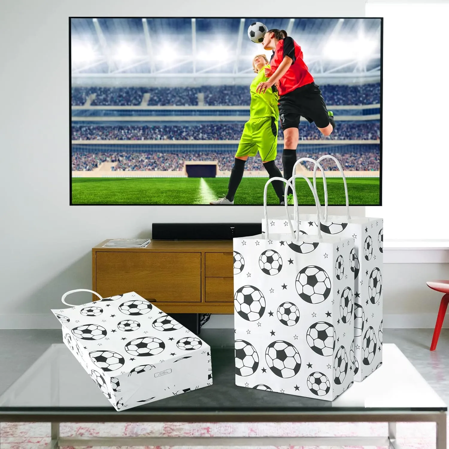 SAVITA 16pcs Soccer Party Favor Paper Bags, White Football Gift Bag Football Themed Party Bags with Handles Soccer Goodie Bags Treat Candy Bags for Kids Adults Soccer Party Supplies