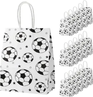 SAVITA 16pcs Soccer Party Favor Paper Bags, White Football Gift Bag Football Themed Party Bags with Handles Soccer Goodie Bags Treat Candy Bags for Kids Adults Soccer Party Supplies