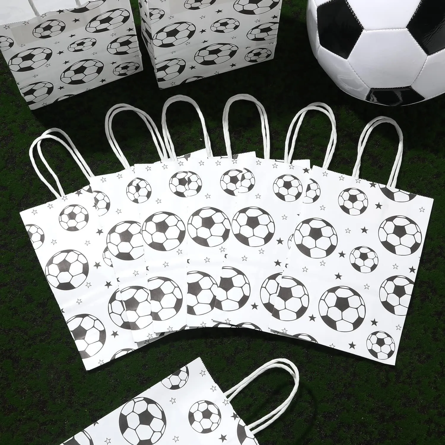 SAVITA 16pcs Soccer Party Favor Paper Bags, White Football Gift Bag Football Themed Party Bags with Handles Soccer Goodie Bags Treat Candy Bags for Kids Adults Soccer Party Supplies