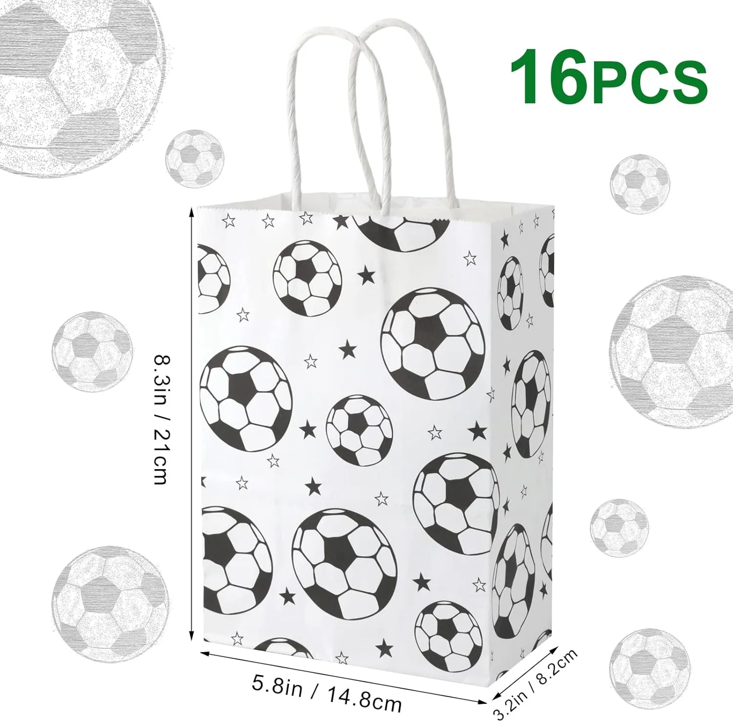 SAVITA 16pcs Soccer Party Favor Paper Bags, White Football Gift Bag Football Themed Party Bags with Handles Soccer Goodie Bags Treat Candy Bags for Kids Adults Soccer Party Supplies