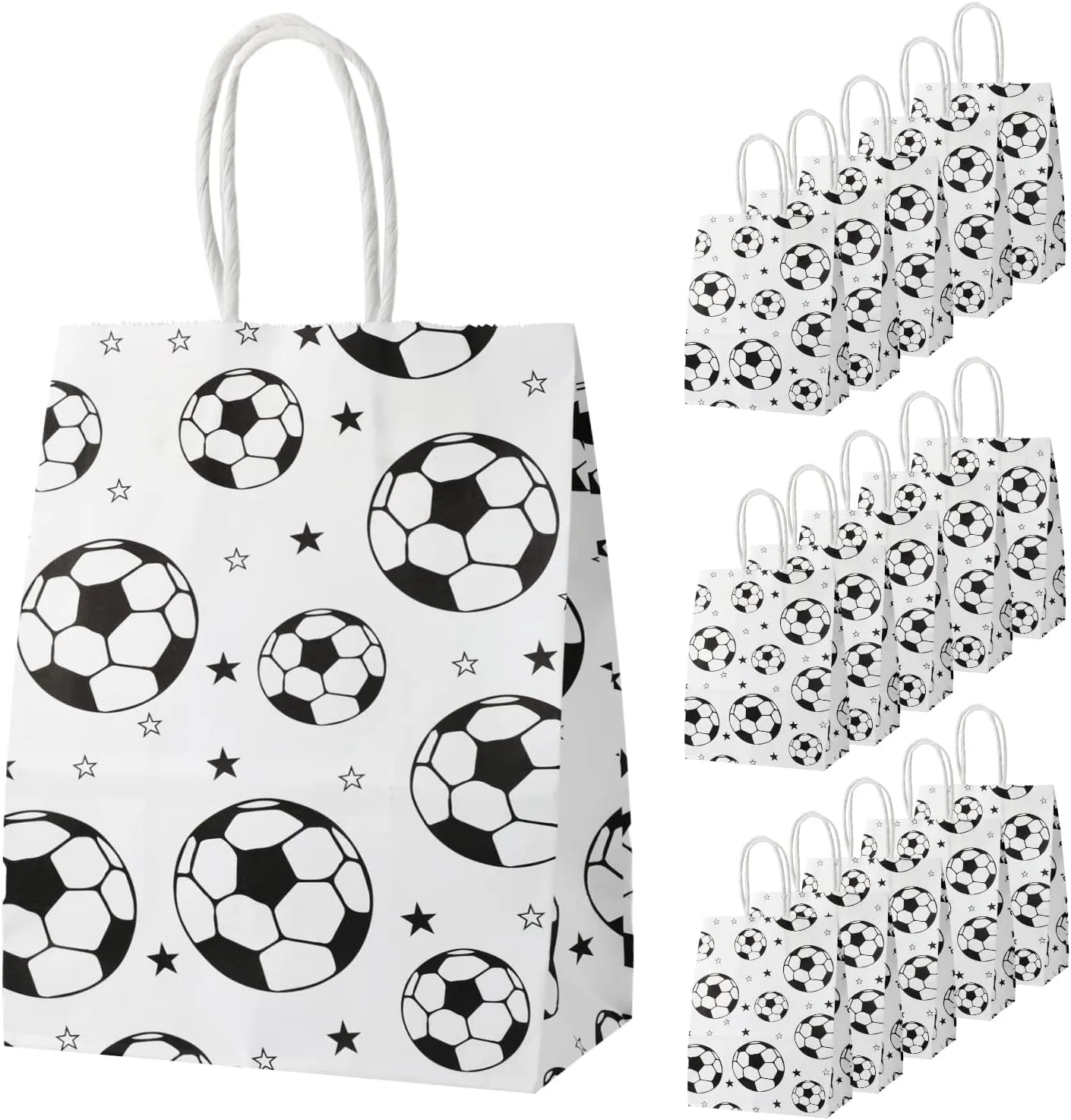 SAVITA 16pcs Soccer Party Favor Paper Bags, White Football Gift Bag Football Themed Party Bags with Handles Soccer Goodie Bags Treat Candy Bags for Kids Adults Soccer Party Supplies