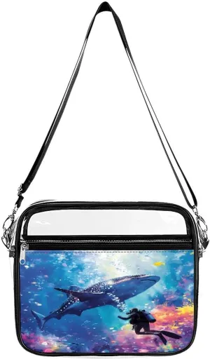 Scuba Diver And Whale Shark Swim Together Clear Crossbody Bags Shoulder Bag Messenger Purse for Stadium Concerts Sports Events