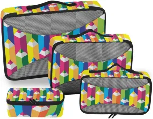 Seamless Geometric Pattern with Colorful Pencils 4 PCs Set Packing Bags, Luggage Organizer Bag, Portable Cube Toiletry bag, Durable Travel Cosmetic Storage Bag for Men Women