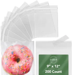 Self Sealing Bags - 9" x 12" (200 Count) - Clear Plastic Resealable Cellophane Bag for Treats, Cookies, Candy, Pastries - Packaging Cello Bags