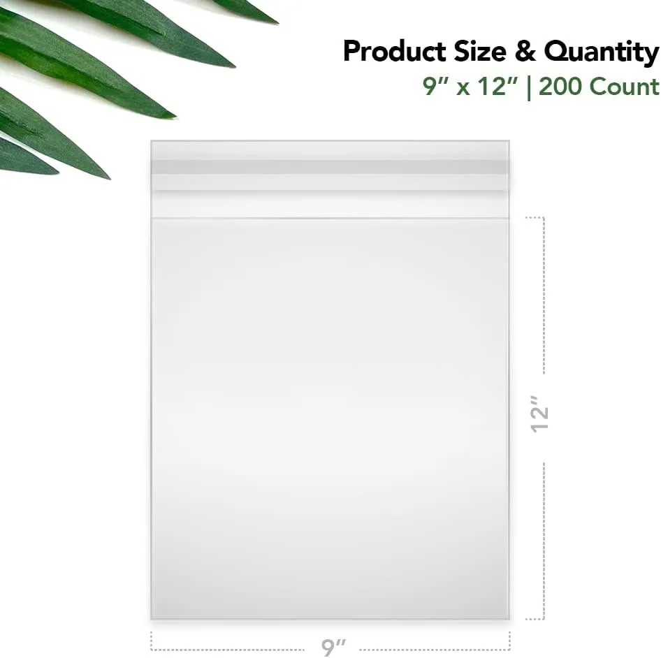 Self Sealing Bags - 9" x 12" (200 Count) - Clear Plastic Resealable Cellophane Bag for Treats, Cookies, Candy, Pastries - Packaging Cello Bags