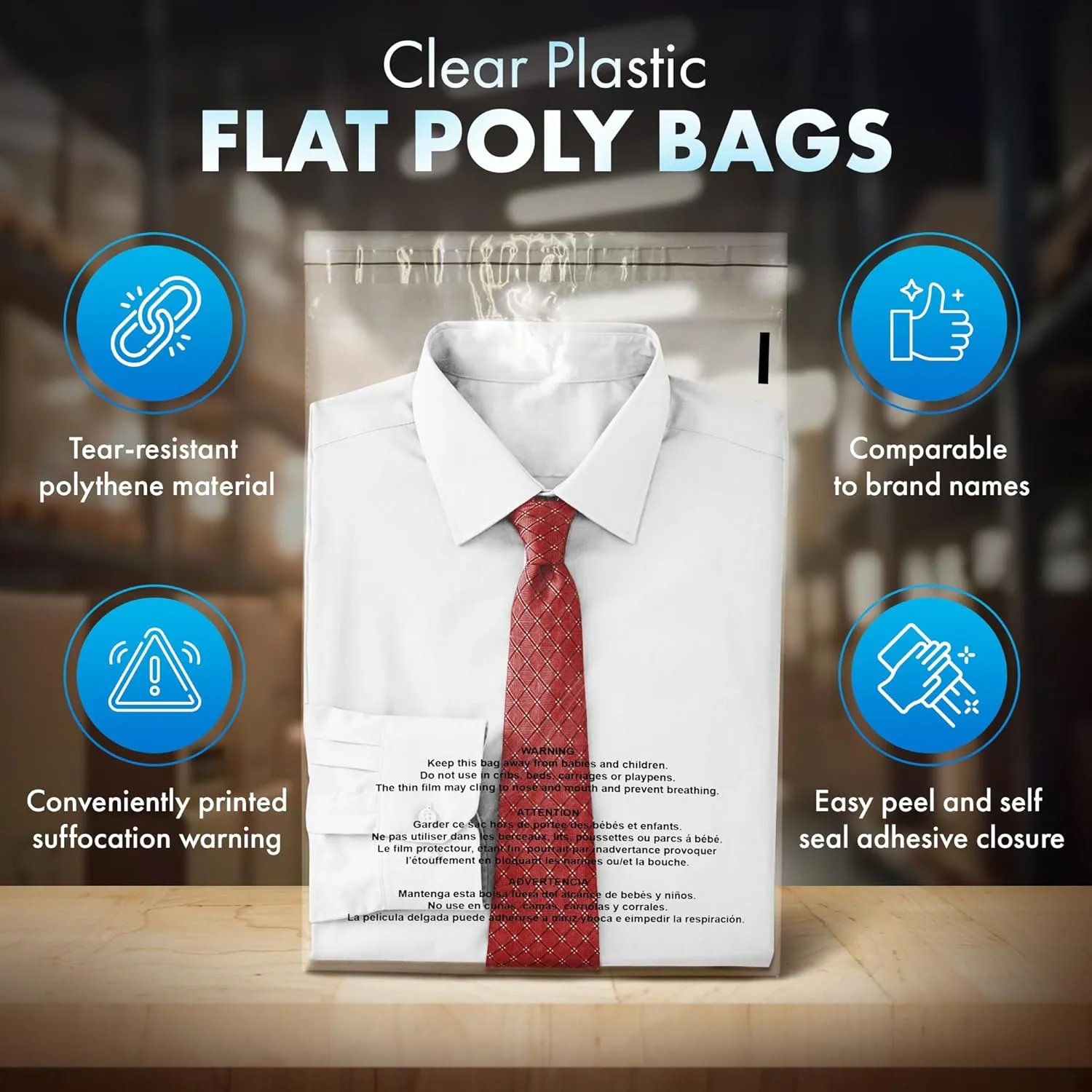 Shop4Mailers 14.5x19 Clear Poly Bag with Suffocation Warning – Self-Seal Adhesive, 1.5 Mil Clear Bag for FBA, Packaging Bags, Clothes Storage, & Shipping Bags – Resealable Poly Mailers (Pack of 100)
