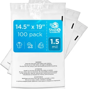 Shop4Mailers 14.5x19 Clear Poly Bag with Suffocation Warning – Self-Seal Adhesive, 1.5 Mil Clear Bag for FBA, Packaging Bags, Clothes Storage, & Shipping Bags – Resealable Poly Mailers (Pack of 100)