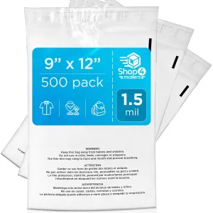 Shop4Mailers 9 x 12 Clear Plastic Flat Poly Bags with Suffocation Warning Self Seal Adhesive 1.5 Mil for Business FBA Packaging, Jewelry, Clothes, Prints, Storage – Resealable (500 Pack)