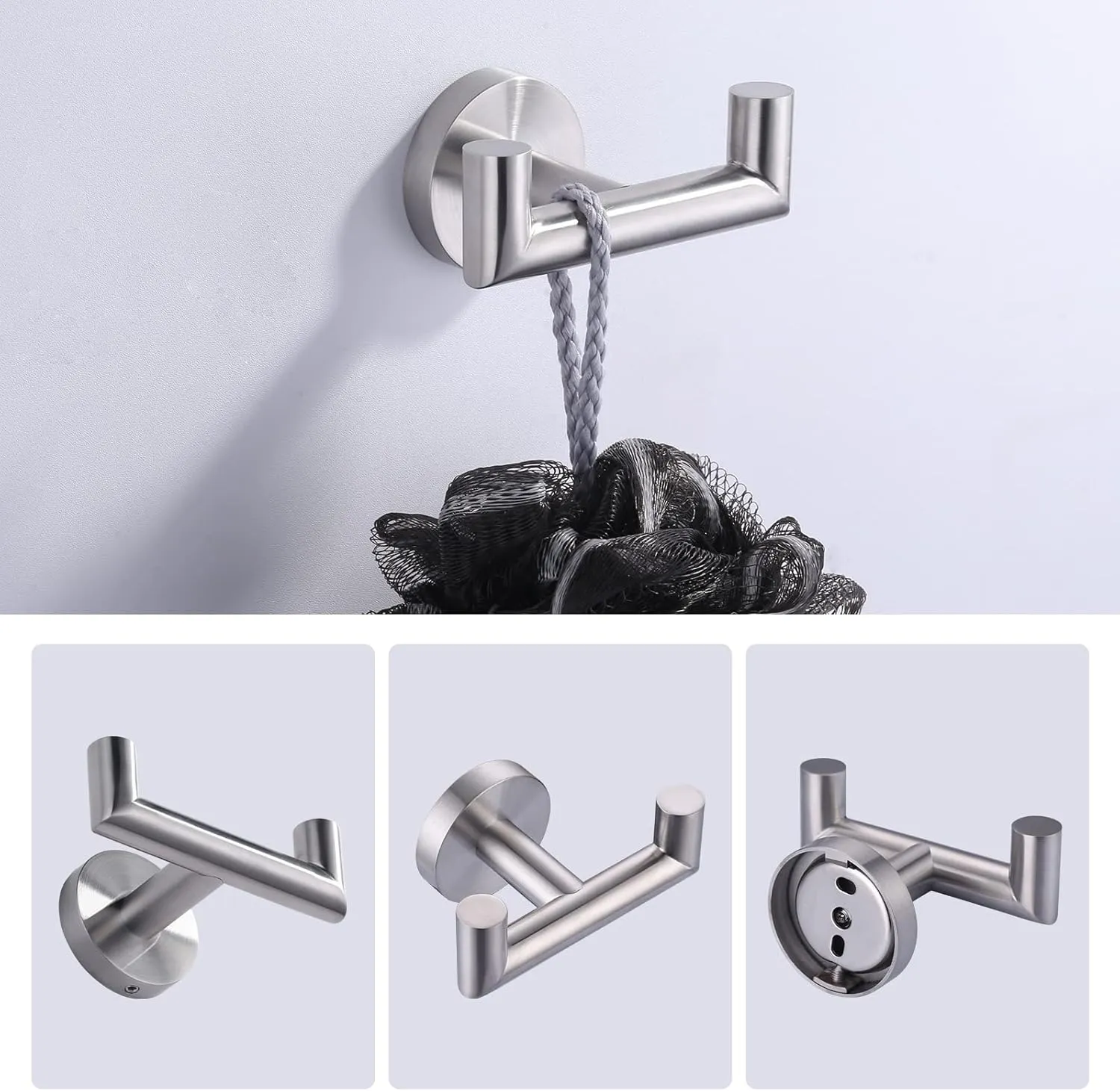 Shower Towel Hook Brushed Nickel, Stainless Steel Towel Hanger, Heavy Duty Double Towel Hook, Towel Holder for Bathroom, Wall Mount Robe Hook