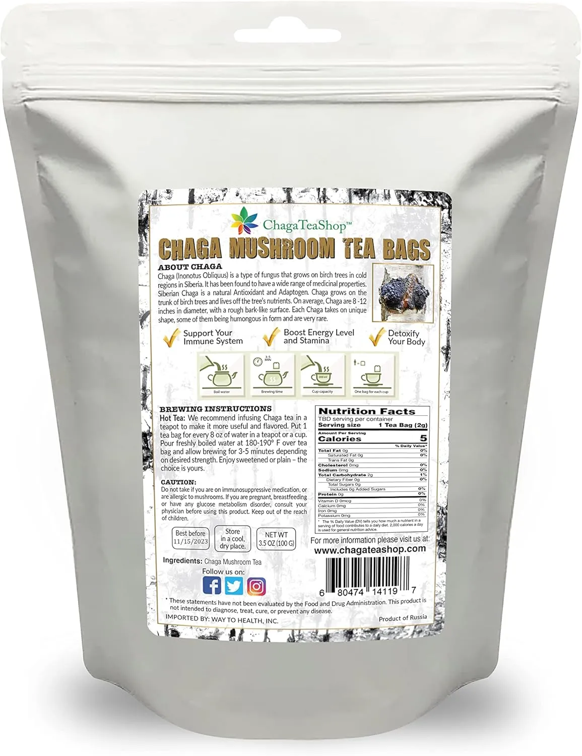 Siberian Chaga Mushroom Individual Filter Tea Bags Original 50 Filter Bags Net Wt 3.5 Oz (100g)