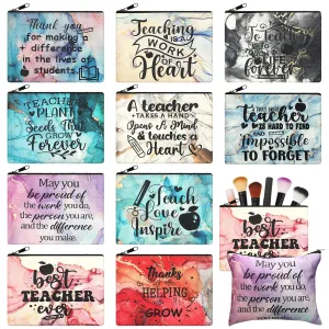 Sieral 10 Pcs Teacher Appreciation Gifts Bulk Cosmetic Makeup Bag Canvas Teacher Pencil Pouch Thank You Teachers Gifts Marble Sign Travel Funny Pencil Pouch for Graduation Teachers Women