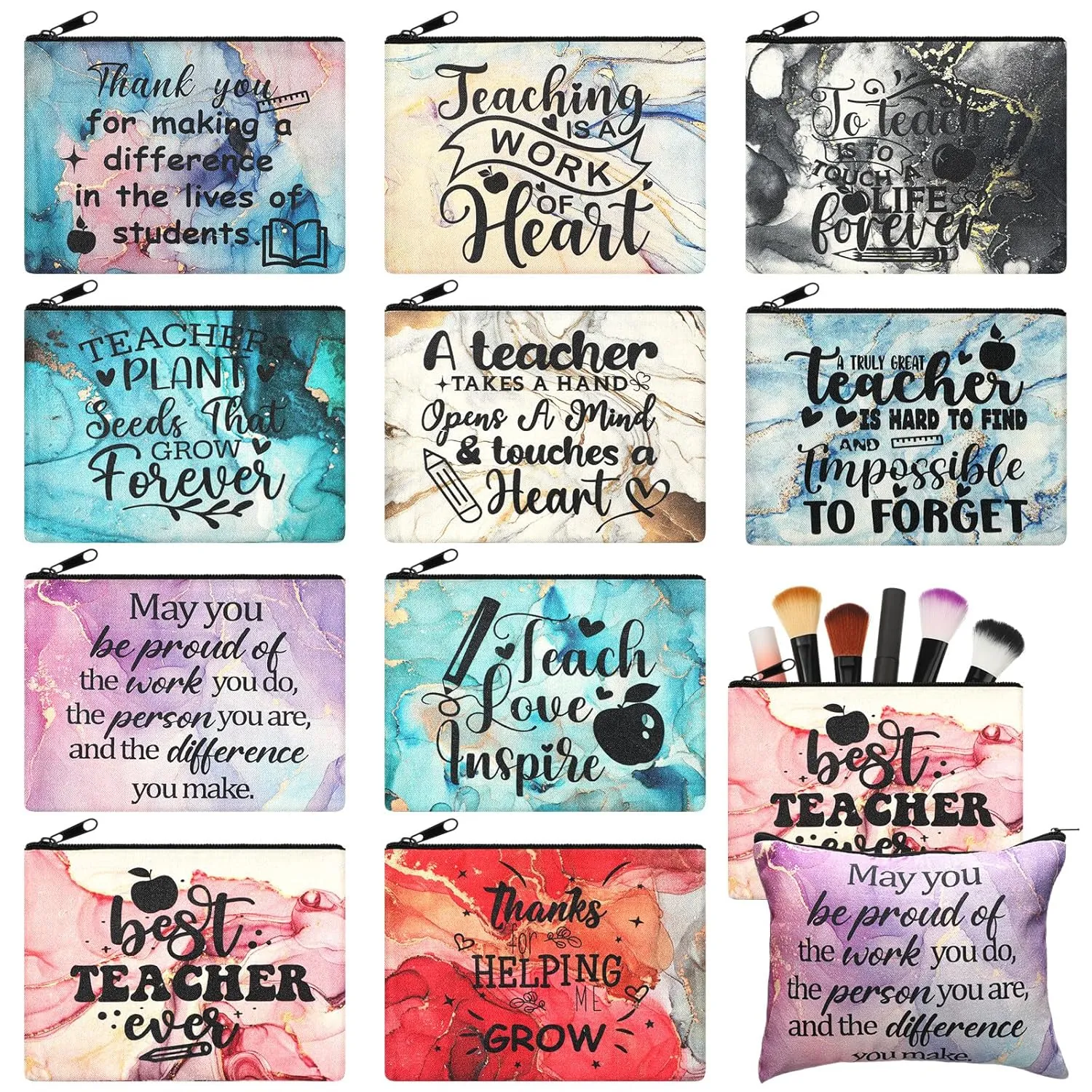 Sieral 10 Pcs Teacher Appreciation Gifts Bulk Cosmetic Makeup Bag Canvas Teacher Pencil Pouch Thank You Teachers Gifts Marble Sign Travel Funny Pencil Pouch for Graduation Teachers Women