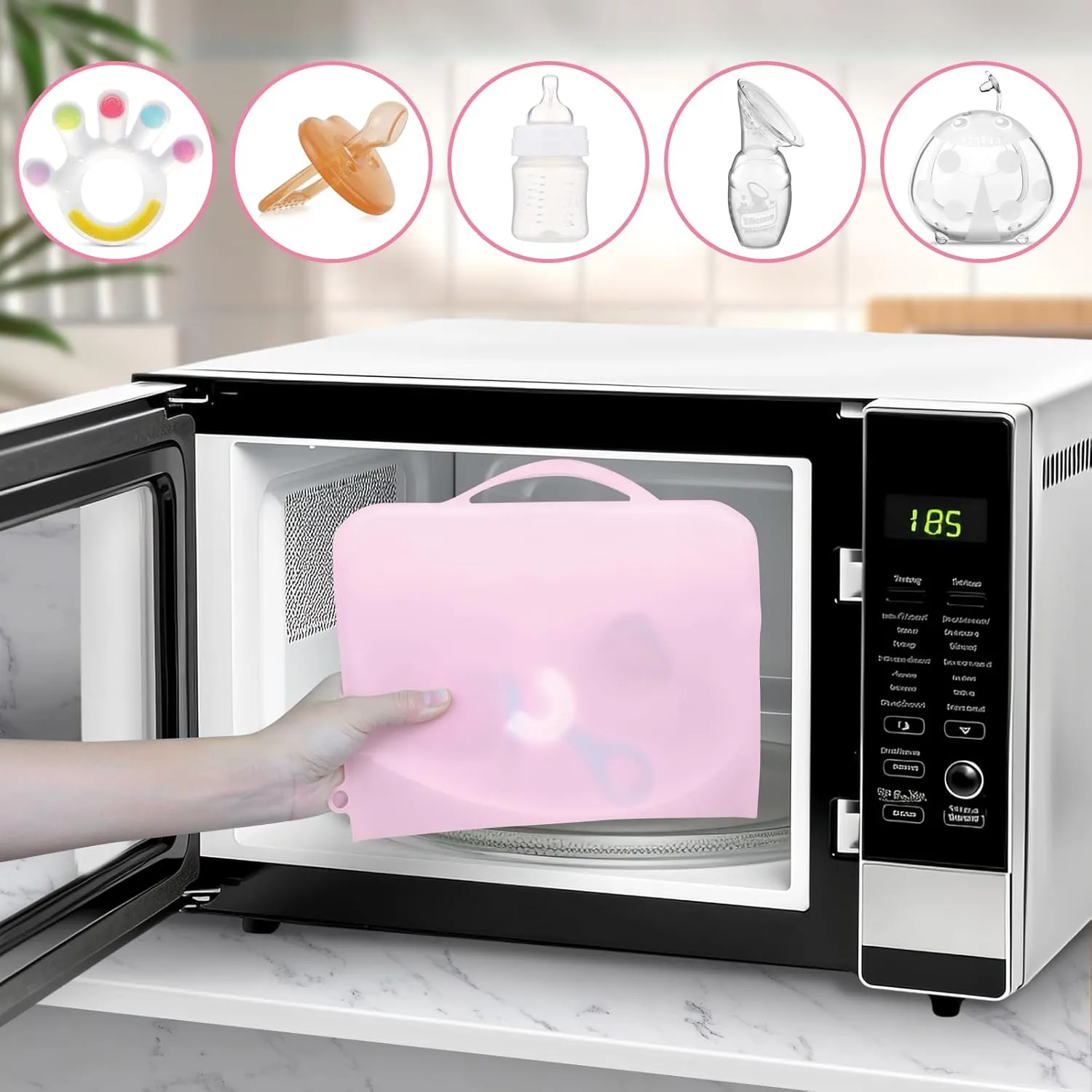 Silicone Microwave Steam Sterilizer Bag for Baby Bottles, Reusable Sterilizing Bag for Pump Parts and Toddler Accessories, Easy to Use Sterilizer Bags Perfect for Home and Travel, Pink (1PC)