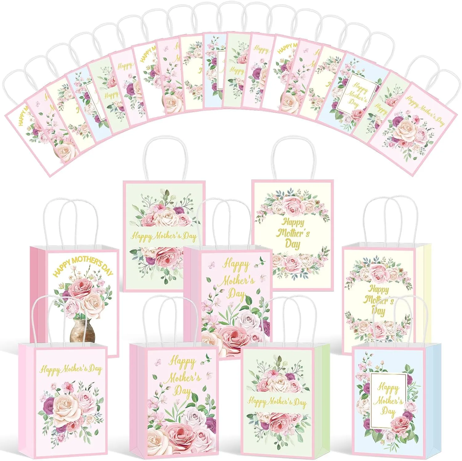 Skyygemm 30 Pcs Mother's Day Gift Bags with Handles Happy Mother's Day Treat Pink Floral Goody Paper Bags for Mom Themed Birthday Party Supplies