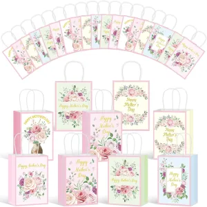 Skyygemm 30 Pcs Mother's Day Gift Bags with Handles Happy Mother's Day Treat Pink Floral Goody Paper Bags for Mom Themed Birthday Party Supplies