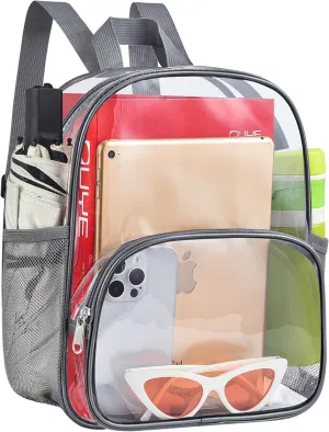 Small Clear Backpack Stadium Approved 12×12×6, Clear Mini Backpack with Water Bottle Pouch, Transparent Backpack for Concert, Beach, Work, Travel & Sporting（Clear Grey）