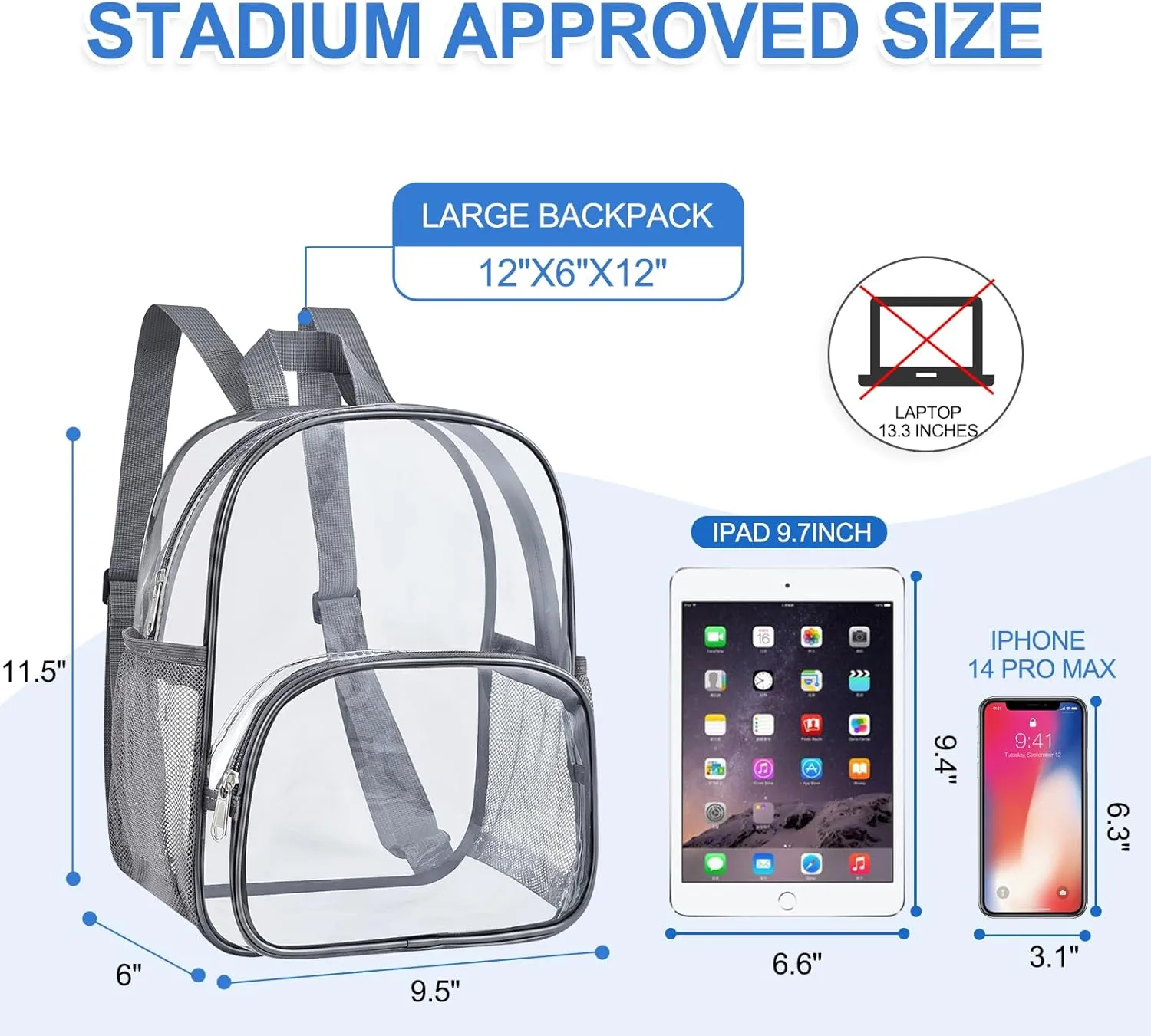 Small Clear Backpack Stadium Approved 12×12×6, Clear Mini Backpack with Water Bottle Pouch, Transparent Backpack for Concert, Beach, Work, Travel & Sporting（Clear Grey）
