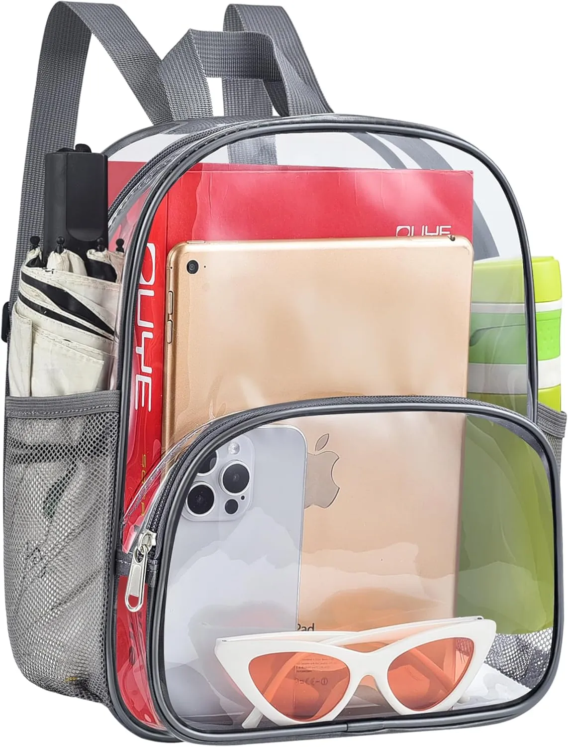 Small Clear Backpack Stadium Approved 12×12×6, Clear Mini Backpack with Water Bottle Pouch, Transparent Backpack for Concert, Beach, Work, Travel & Sporting（Clear Grey）