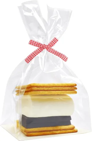 Smores Bags, 4x2x8 Inch Gusseted Flat Bottom Cellophane Bags with Paper Insert, 100 Pieces