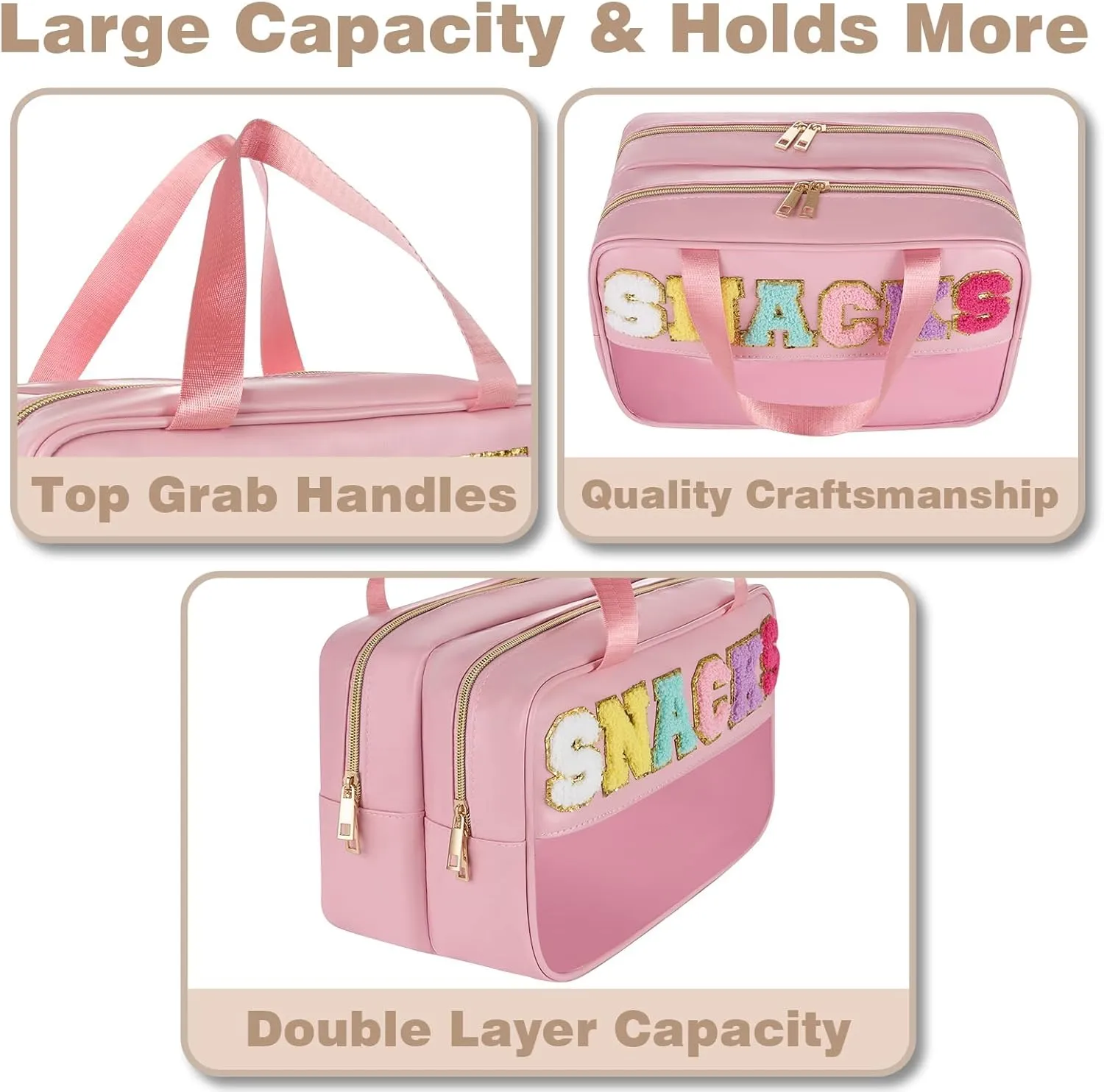 Snack Bags for Travel Varsity Letter Pouch Clear Toiletry Bag Snacks Bag Pouch, Preppy Clear Cosmetic Bag, Large Travel Bags for Women