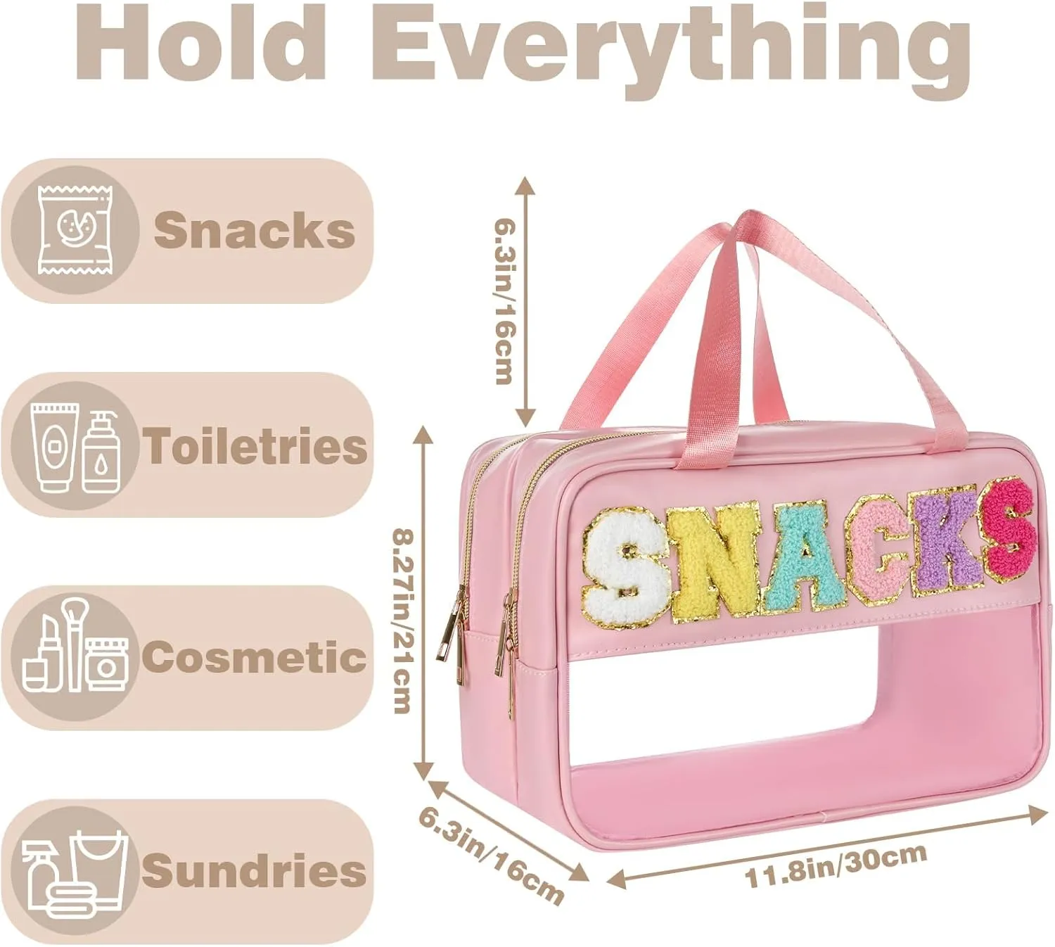 Snack Bags for Travel Varsity Letter Pouch Clear Toiletry Bag Snacks Bag Pouch, Preppy Clear Cosmetic Bag, Large Travel Bags for Women